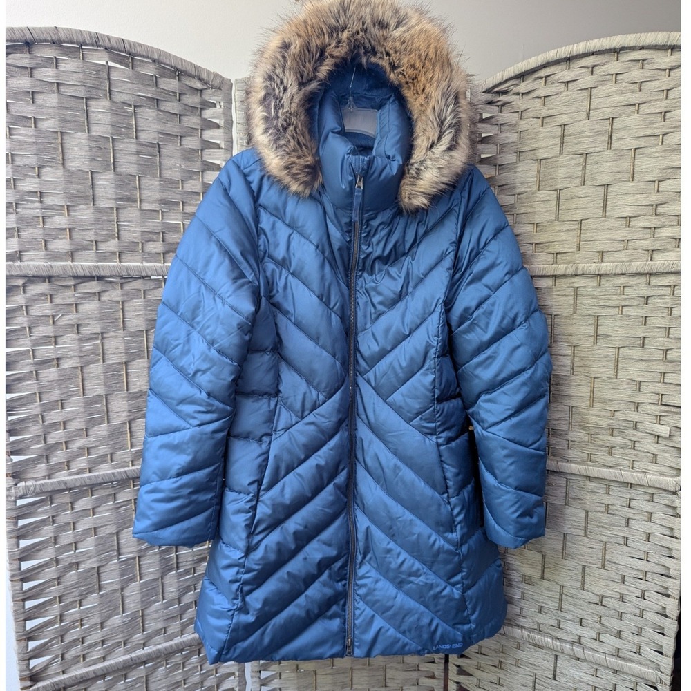 Lands' End Puffer Parka Blue Faux Fur Hood Quilted Jacket Measures Sz L